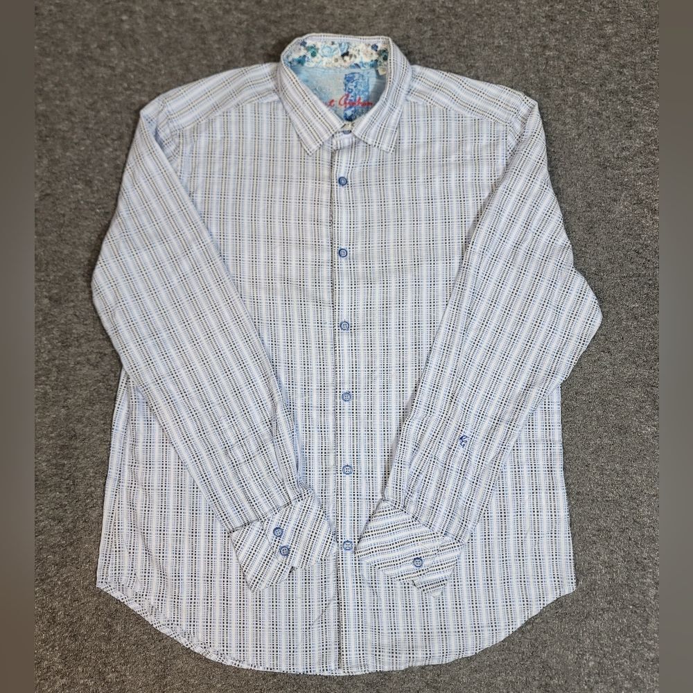 Robert Graham Classic Fit Button Front Shirt Men's L Blue Plaid Floral CuffsIt